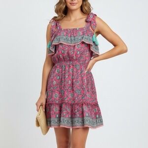 ALICIA BELL Floral Print‎ Tassel Tie Shoulder Dress XL Red Blue Silk Cotton